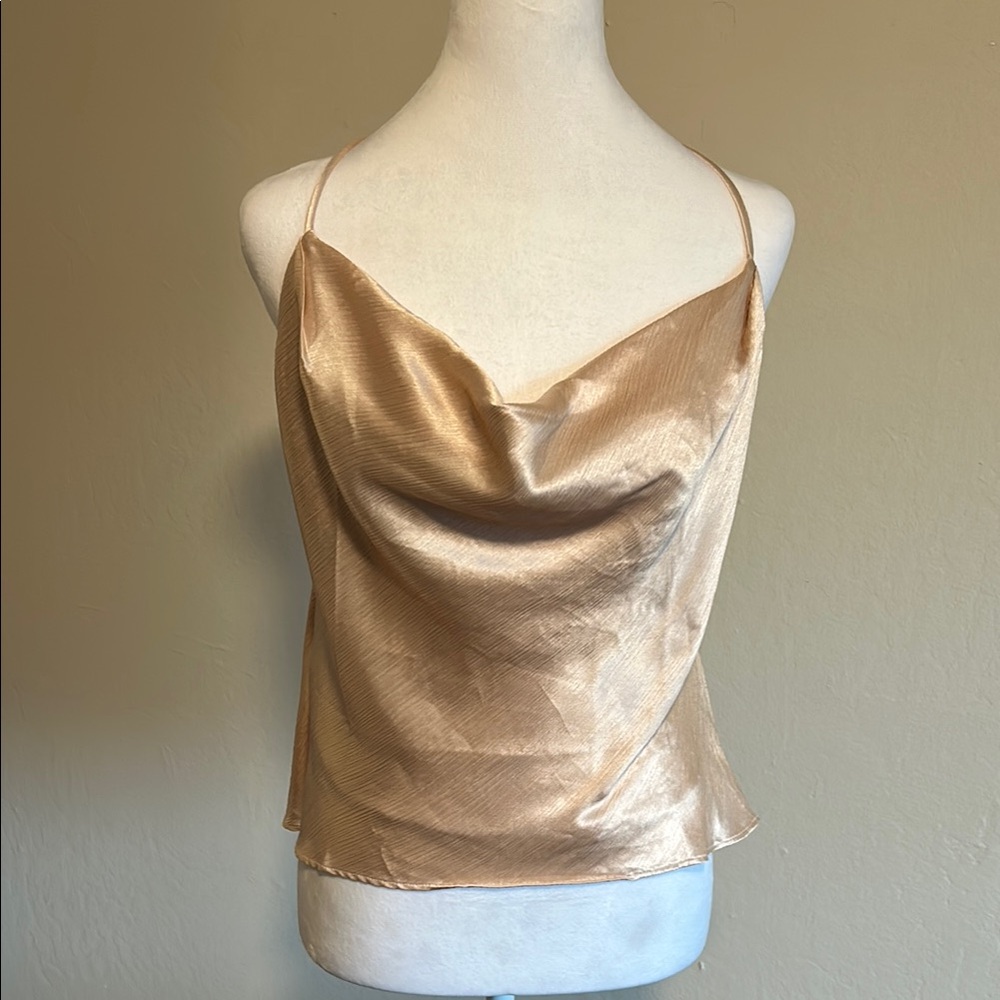 Pretty Champagne Cowl Neck Satin Top